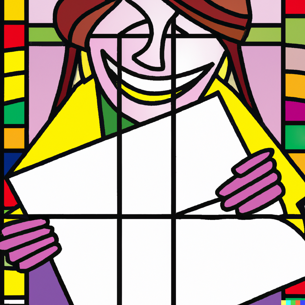 A DALL-E rendering of a stained glass window of someone smiling at a letter