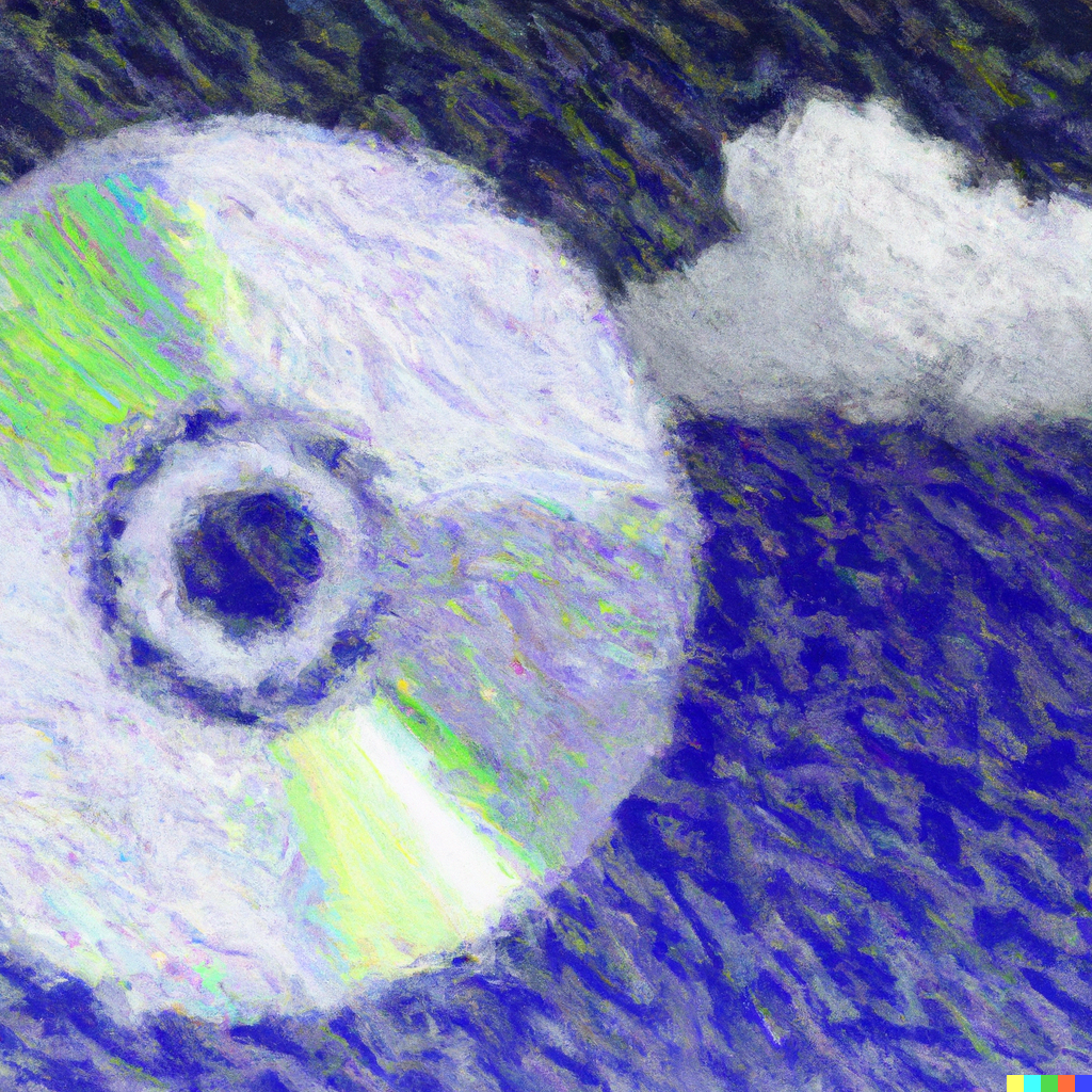 An impressionist painting of a cloud and a cd-rom side by side made of tiny strings of code