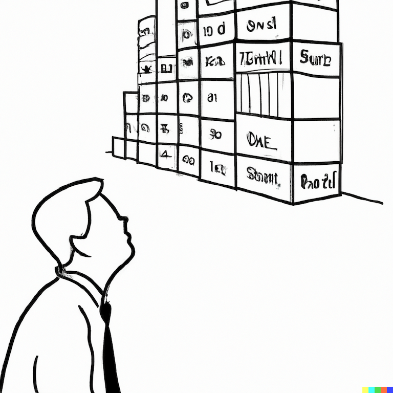 A simple sketch of a person in profile view looks off into the distance to see a stack of cubes like 3d excel spreadsheets