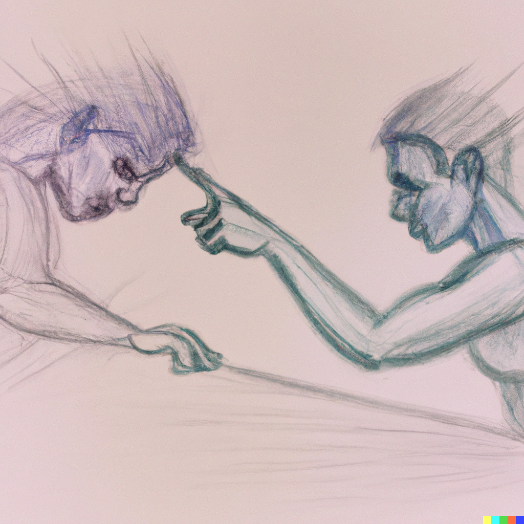 An artificially created pencil sketch of one person tapping on another person's forehead, as though they are pushing them