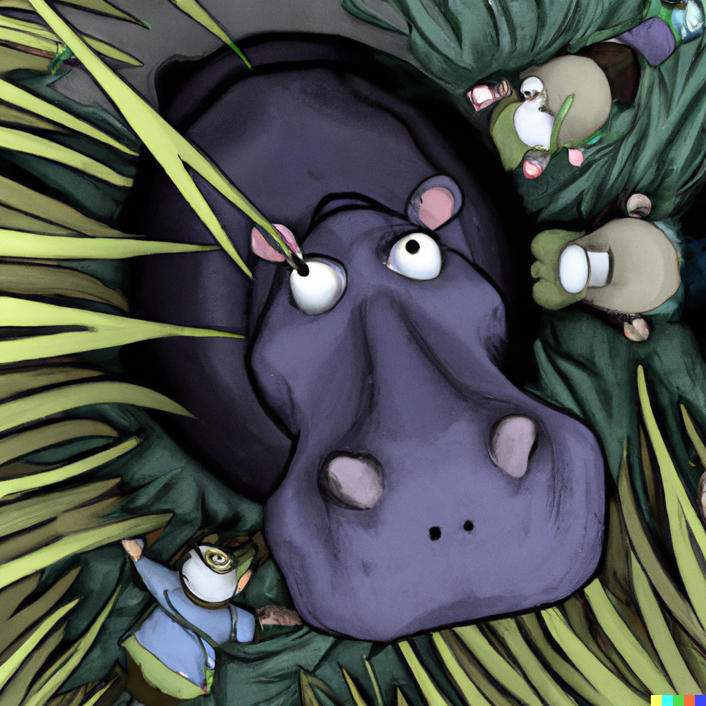 A hippo in the grass with three people looking onward