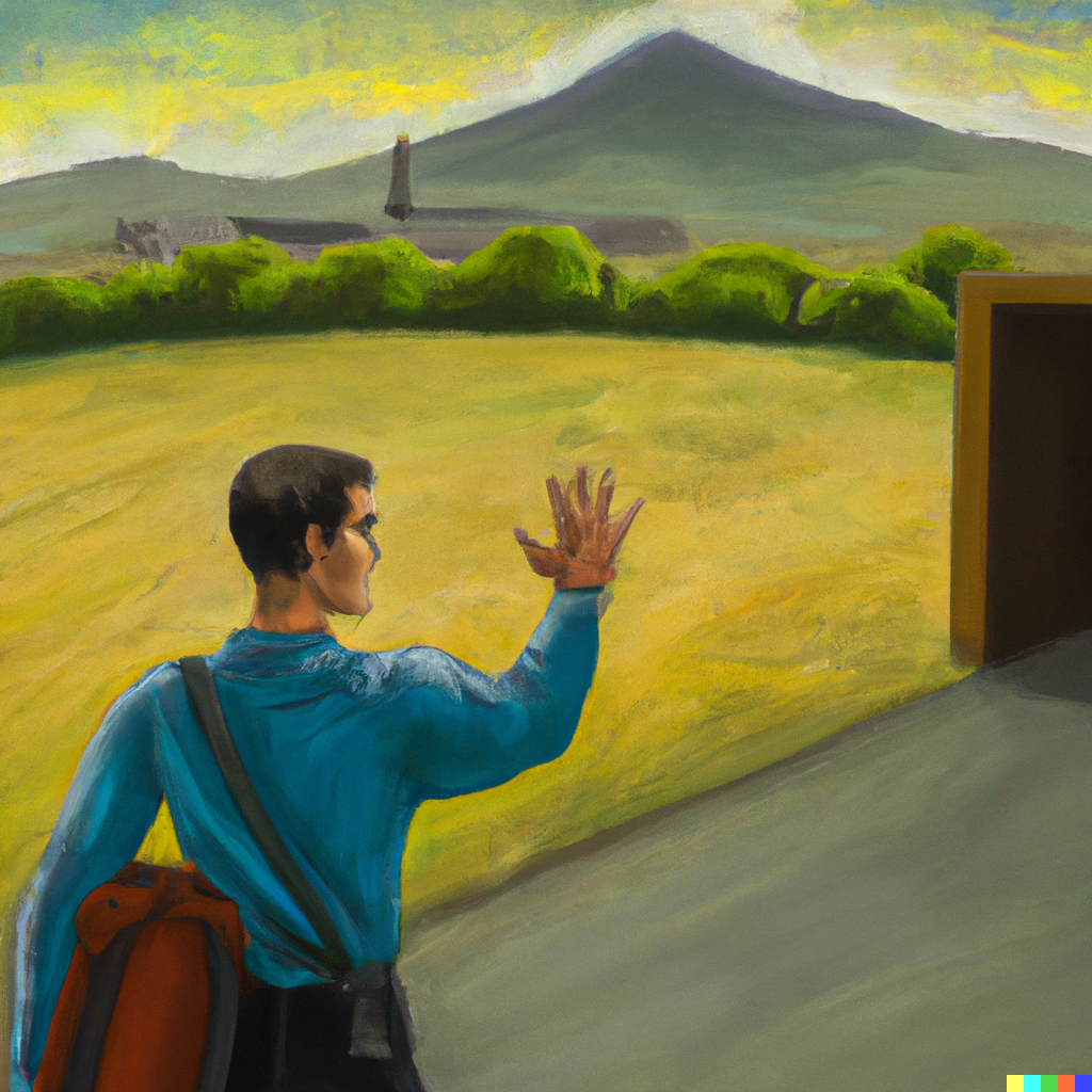 A Dall-E rendering of an oil painting of a man waving goodbye to close personal friends to go an exciting journey with a beautiful mountain in the background