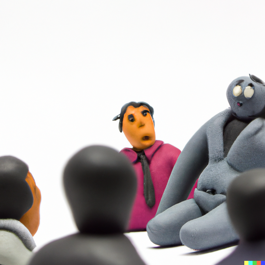 claymation of someone in a meeting saying something other people cannot understand