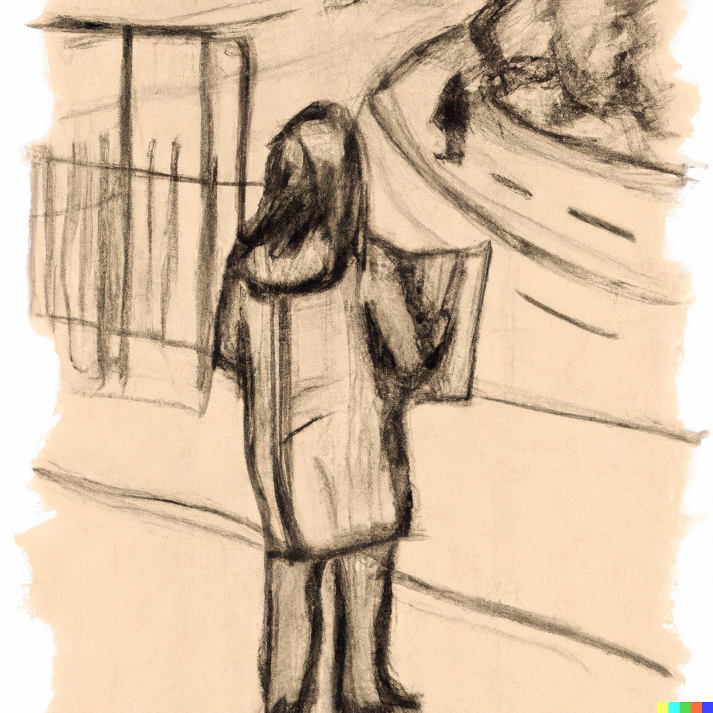 A Dall-E rendering of: A pencil sketch of someone looking at a map of a road