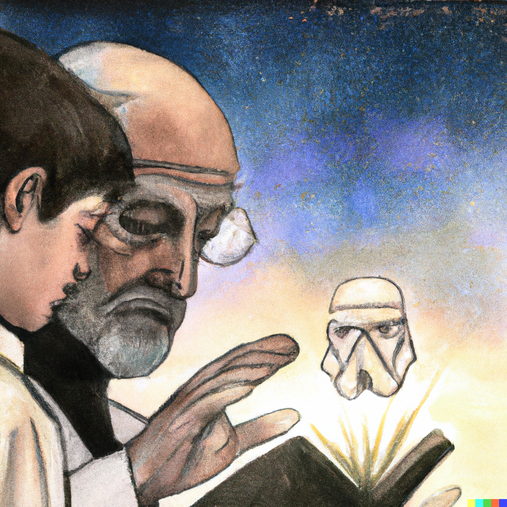 From Dall-E a visual representation of the transfer of knowledge between a teacher and a pupil rendered like concept art from the original star wars