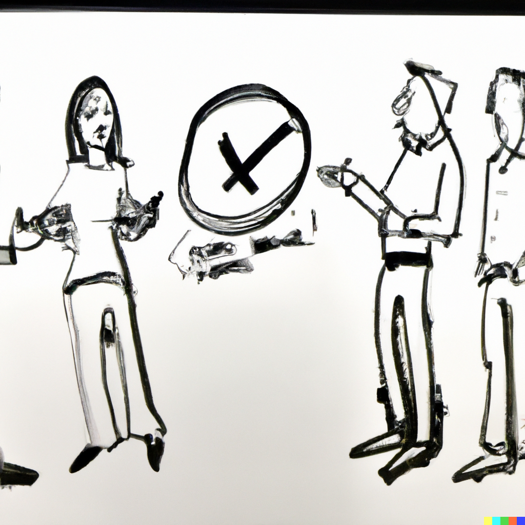 a sharpie sketch of a team of people at a whiteboard who are disagreeing productively