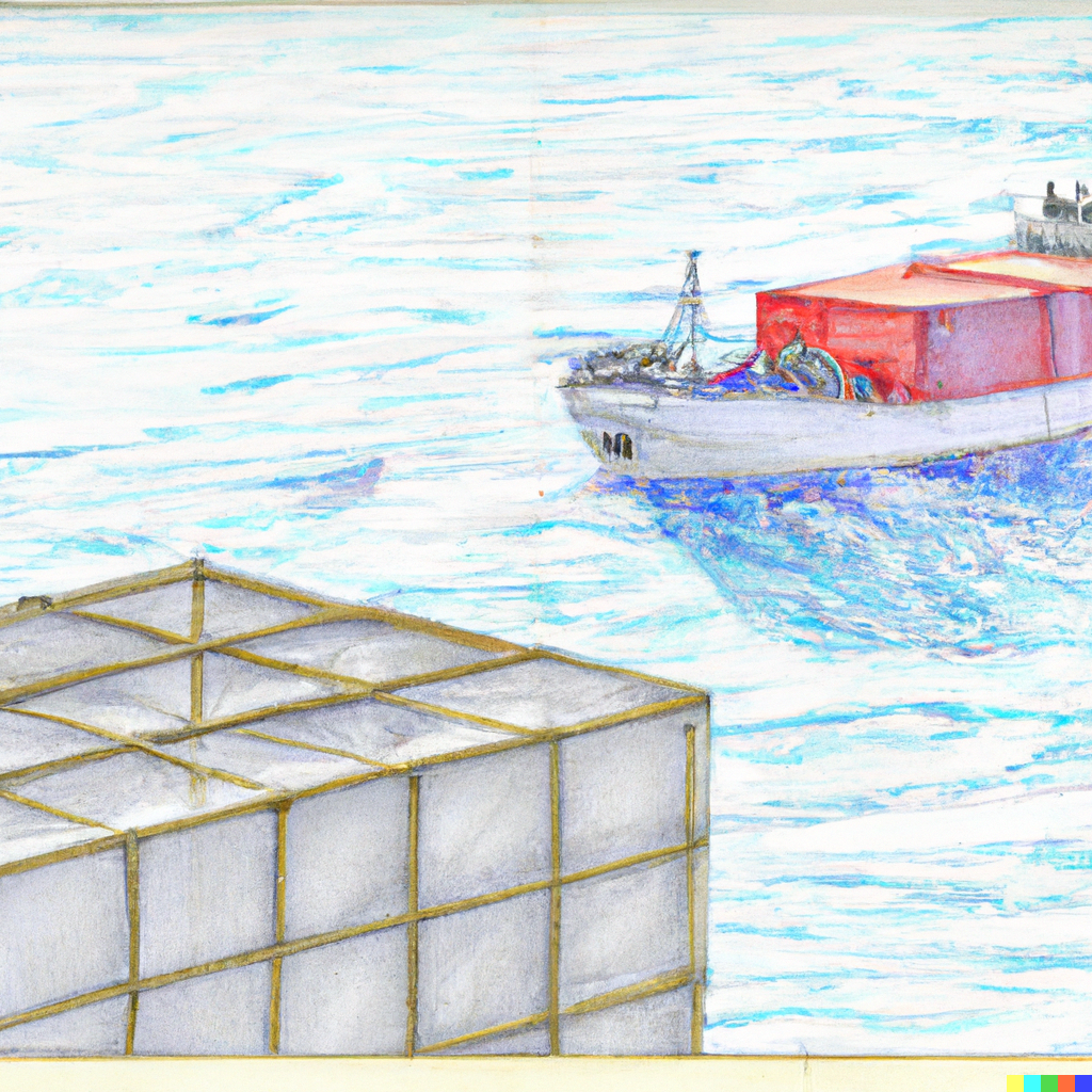 DALL-E Rendering of a color pencil sketch of a boat pushing a box on a grid