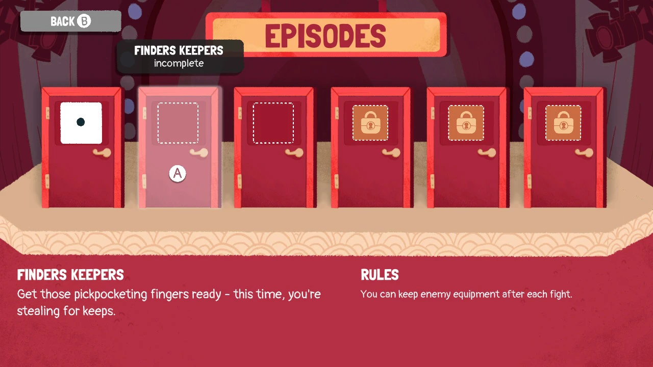 The episode select screen with 6 doors is displayed. The second door from the left is highlighted.