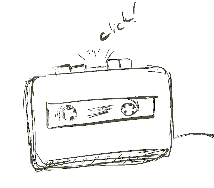 A black and white sketch of a portable tape player play button being pressed