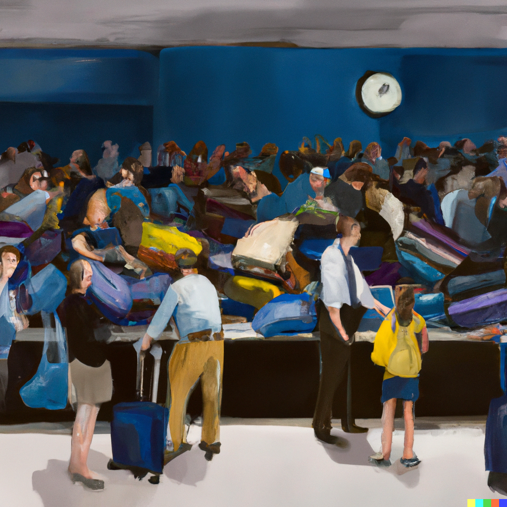 a representation of Edward Hopper painting of hundreds of bags at baggage claim and disgruntled passengers waiting