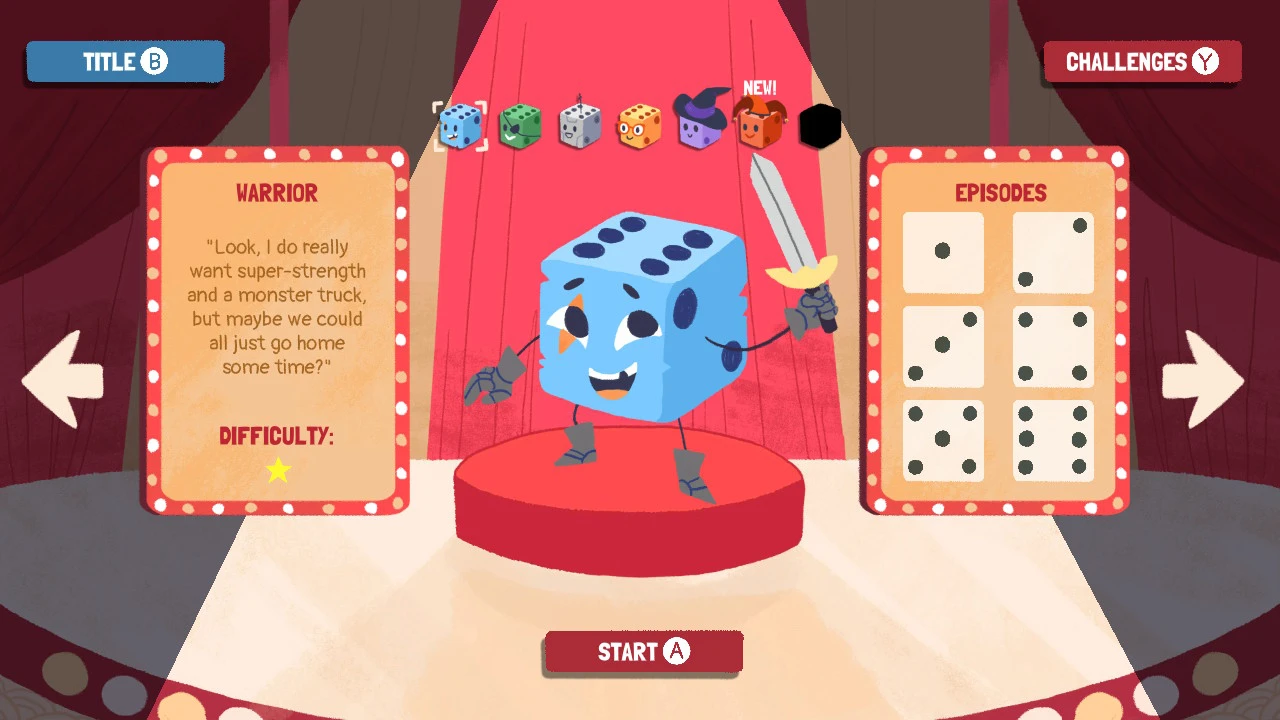 The warrior is highlighted on the character select screen. A description is to its left. Episodes completed and remaining to the right. Above are the selection options for different characters.